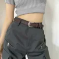 Women casual leather belt simple vintage design stylish pants belt for daily wear outfits. - Coffee