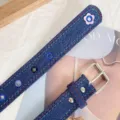 Y2K denim belt with colorful eyelets and cute flower detail, retro student jeans accessory. - Blue Plaid
