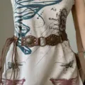 Retro brown leather studded belt with metal rings and fringe, punk style waist accessory for women. - Coffee