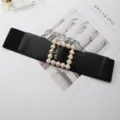 Black elastic wide belt for women with elegant pearl square buckle sweater dress accessory. - Black