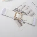 Women wide stretch elastic belt with elegant pearl square buckle white dress waist band - White