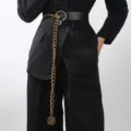 Women stylish wide leather belt with vintage gold chain pendant, versatile for suits and dresses. - Crown Pattern / Black
