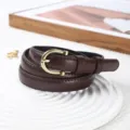 Women thin dark brown leather belt with metal buckle, casual versatile dress waist accessory. - Coffee
