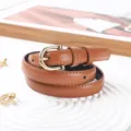 Women's slim brown leather belt with retro metal buckle, casual fashion waist accessory. - Camel