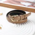 Korean style minimalist thin leather belt for women with elegant gold buckle, casual versatile. - Beige
