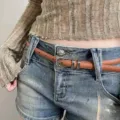 Slim brown leather belt for women vintage waist accessory with metal buckle for jeans dress - Camel