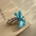 Grazioso fermaglio per capelli con fiocco blu strass elegante molletta laterale per donna - Azzurro