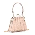 Detailed view of women's pearl evening clutch bag with metal kiss-lock and chain strap for party. - 20x9x13cm / Champagne Pink