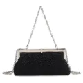 Black beaded rhinestone evening clutch bag with silver metal frame and chain strap detail. - 24*3*12 / Black