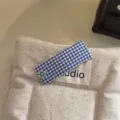 Fermacapelli in tessuto a quadri blu e bianco fiore metallo accessorio per capelli - Blu Indigo