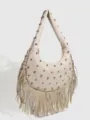 Beige fringe shoulder bag with metal studs, trendy women's minimalist PU leather handbag. - Off White