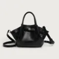 Black leather top handle shoulder bag with pleated design and metal buckle closure for women. - 26*8*16 / Black