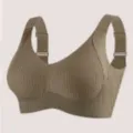 Plus size seamless ribbed sports bra with wide adjustable straps for everyday wear. - S / Tops / Coffee