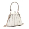 Close-up detail of elegant pearl-encrusted evening bag with sparkling rhinestone handle. - 20x9x13cm / Off White