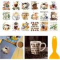 Watercolor coffee theme cold transfer stickers DIY decorative decals for glass cups and mugs. - 18 Pieces/Pack / Coffee Drink
