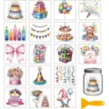 Watercolor birthday transfer stickers DIY waterproof decals for glass cups and jars. - 18 Pieces/Pack / Happy Birthday Cake