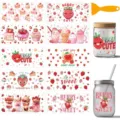 Détails de stickers de transfert UV DTF fraise mignonne, déco DIY pour tasses en verre. - Lot de 10 Feuilles / Thème Dessert
