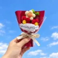 Handmade knitted crochet flower bouquet, lovely artificial sunflower gift for women - Three Puff Flowers Bouquet / Red