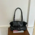 Sac porté épaule cabas noir vintage avec lanières à œillets métalliques et boucle pour femmes. - Style de Sac Tote (BZLL-6886) / Gris Sans Pendentif
