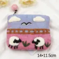Cute wool felt coin purse with sheep landscape design, mini zipper pouch, 14x11.5cm size. - Pink-Purple Sky Twin Sheep Fence