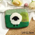 Handmade wool felt coin purse with cute sheep design, pastoral style mini wallet, 14x11.5cm. - Green Base Black Face Sheep