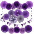 Purple paper fan flowers pom poms and bunting garland set for birthday wedding party decor - Purple Combination / 20-Piece Set