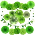 Détails du kit de décoration en papier vert avec éventails pompons et guirlandes pour la fête. - Combo Vert / Ensemble de 20 Pièces
