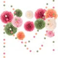Set di pon pon di carta sospesi e ghirlanda per decorazione di sfondo per feste di compleanno - Set di Fiori di Carta Rosso Rosa
