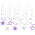 Glitter star hanging spiral decorations party ceiling swirl ornaments purple silver set. - Glitter Star Spiral Hanging Ornaments Set / Light Purple + Silver