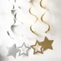 Gold and silver glitter star hanging swirls and party decoration set for holiday celebration. - Glitter Star Spiral Hanging Ornaments Set / Gold and Silver