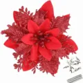Decorazione di fiori di stella di Natale glitterati con clip e steli per albero - 12 Fiori + 12 Clip + 12 Bastoncini / Rosso