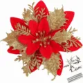 Natale glitter poinsettia fiore artificiale decorazione per ghirlanda albero accessori. - 12 Fiori + 12 Clip + 12 Bastoncini / Rosso oro