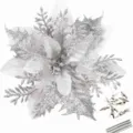 Fiore di Natale glitterato argento con clips per decorazione albero e ghirlanda feste. - 12 Fiori + 12 Clip + 12 Bastoncini / Argento