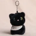 Porte-clés peluche chat noir mignon, petit chaton duveteux avec bavoir floral et yeux pairs. - Chat à Écharpe (Noir) / Environ 12 cm / Noir