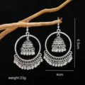 Boucles d'oreilles créoles jhumka en argent vintage avec glands à cloche pour la mode ethnique. - Argent Antique (6140)