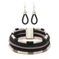 Handmade multi-layer cord jewelry set with choker necklace and matching drop earrings. - Black