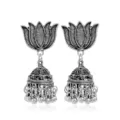Boucles d'oreilles ethniques vintage lotus jhumka argentées pendentif bijoux bohème - Argent Vieilli