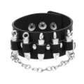 Bracelet manchette en cuir noir style rock punk avec pendentifs de balles et chaîne métal. - Balle