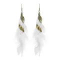 Gedetailleerd overzicht van lange bohemian vintage veer-kwast oren met metalen bladbedels. - Wit