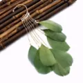 Bohemian long feather ear cuff with gold chains and delicate pearls for stylish women. - Green