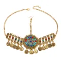 Prachtige retro etnische gouden hoofdketting met kleurrijke kralen en muntkwastjes. - Hair Accessory / Antiek Goud