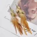 Orecchini lunghi con piume boho vintage foglia nappa pendenti da donna gioielli da festa - Marrone