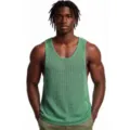 Men's green knitted hollow-out tank top detail, lightweight summer breathable athletic vest. - M / Tops / Green