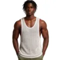 Detailed view of a men's breathable knit mesh tank top, perfect for summer casual and fitness wear. - M / Tops / White