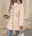 Elegant women lapel slim woolen overcoat winter long sleeve trench coat apricot jacket - Light Pink