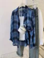 Women plaid chiffon sun protection shirt blue long sleeve casual top with stylish jeans set - 1XL / Tops / Sapphire Blue