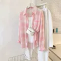 Women pink plaid sun protection shirt set with white tank top pants and mini bag summer chic - 3XL / Tops / Pink