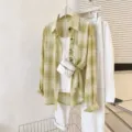 Summer casual women's green plaid chiffon shirt set with white top and pants, stylish. - 3XL / Tops / Light Yellow