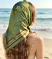 Green 70cm silk square scarf with vintage equestrian print, elegant women neckerchief accessory. - 70x70cm / Style 1