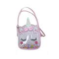 Close-up detail of the pink kids unicorn crossbody bag featuring transparent TPU front and sequins. - Unicorn
